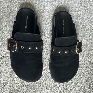 French Connection Black Faux Suede Clogs with Gold Buckle